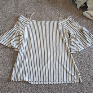 Banana Republic, off shoulder top, white and black stripes, bell sleeve